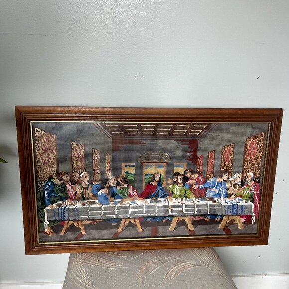 Vtg Needlepoint, Last Supper (Leonardo da Vinci) Framed-Penelope S355-Religious - Picture 1 of 10